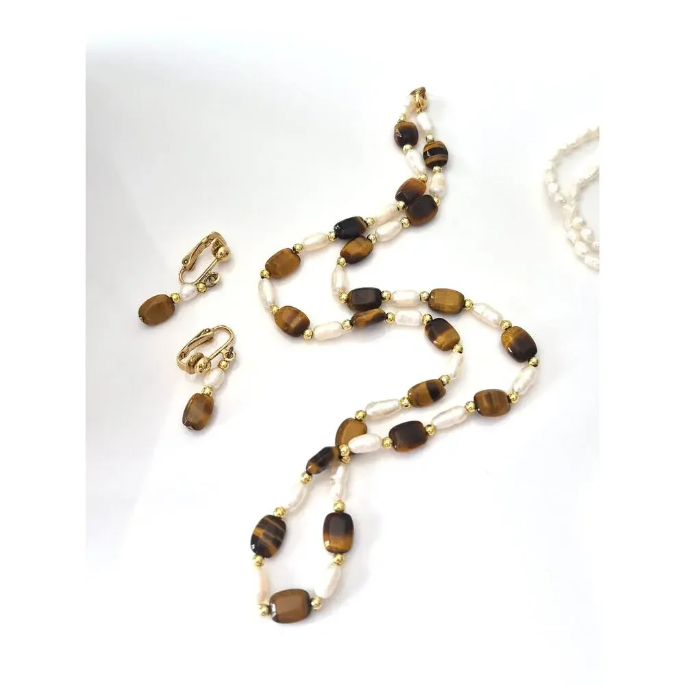 Freshwater Seed Pearl and Tiger Eye Jewelry Set of 2